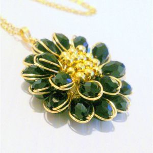 Intricate Wirework Black Glass Bead and Gold Tone Flower Pendant Necklace